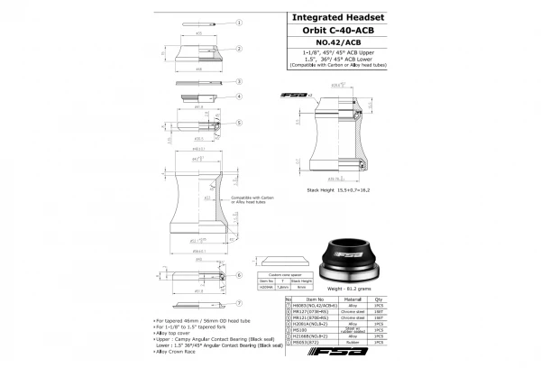 Jeu De Direction Intégré FSA NO.42 Conique Capot 15mm 4 Jeu De Direction Intégré FSA NO.42 Conique Capot 15mm – Image 2